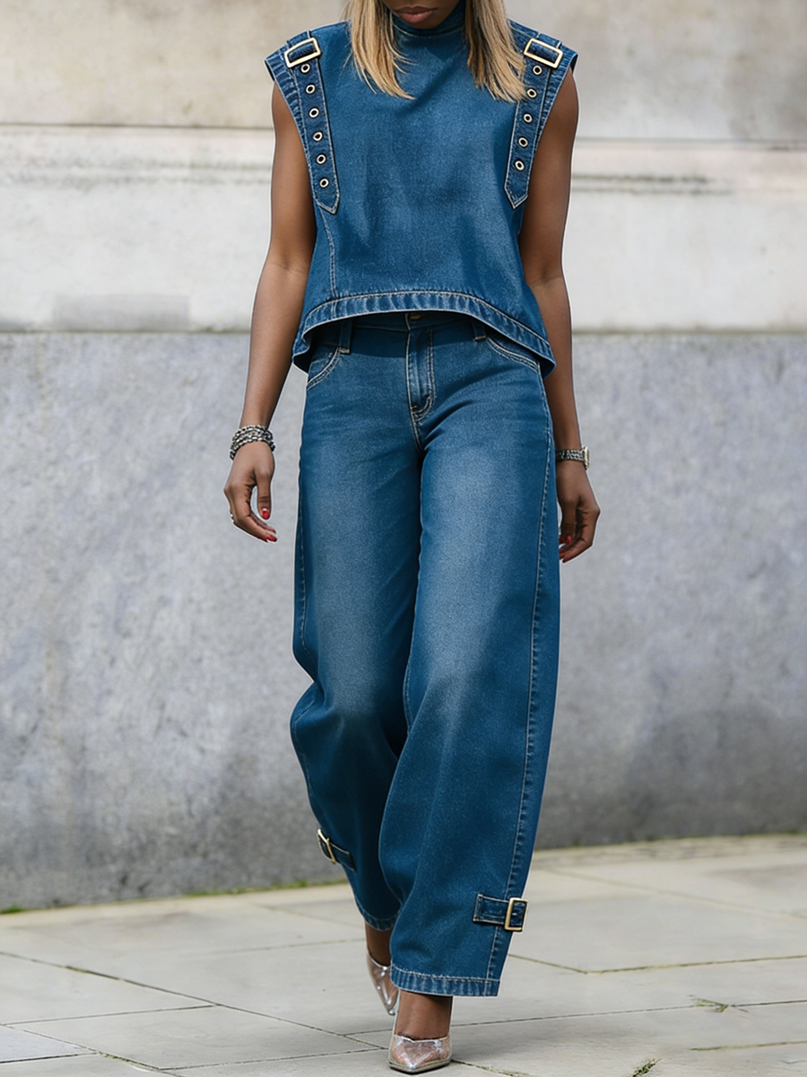 Jade™ | Chemise en jean sans manches col montant