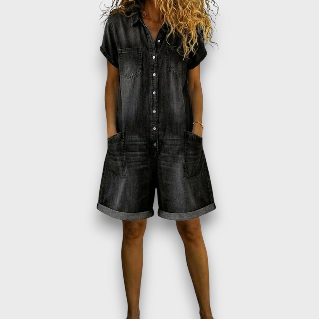 Joan™ | Salopette courte en coton effet denim
