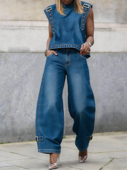 Jade™ | Chemise en jean sans manches col montant