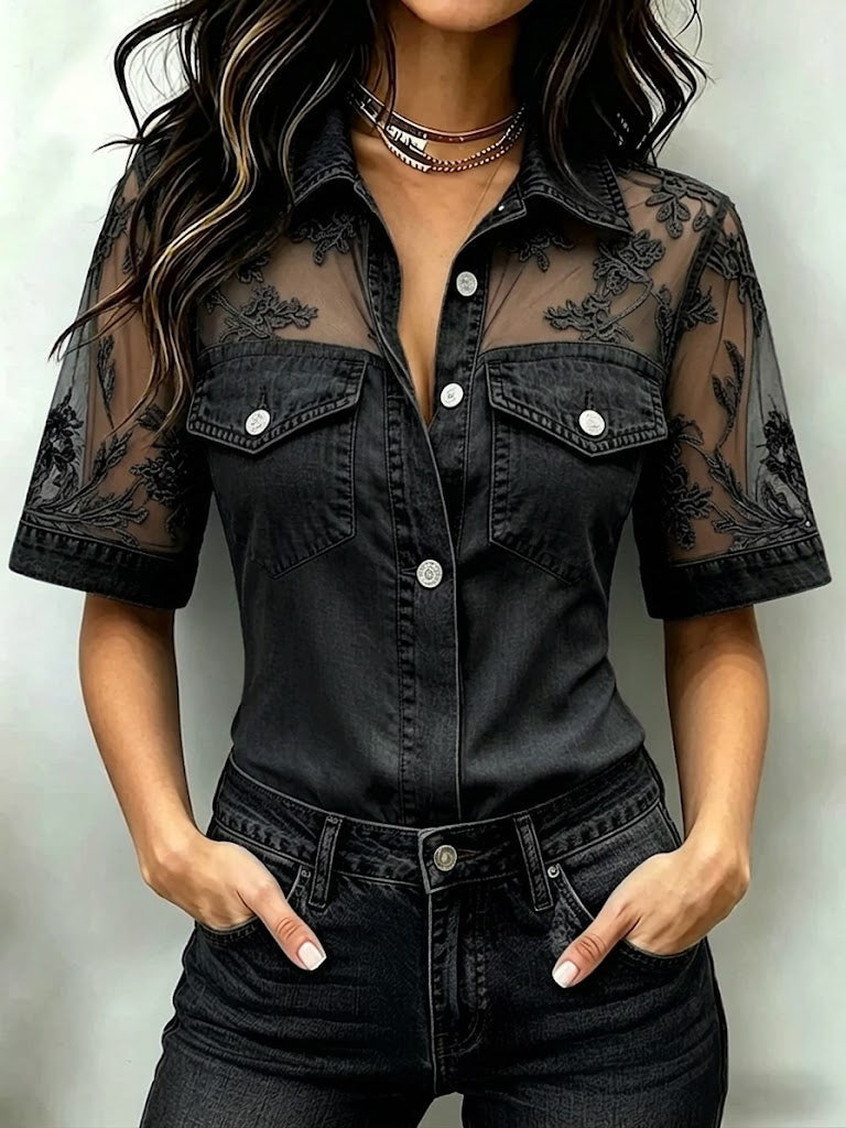 Marceline™ | Chemise en jean avec dentelle