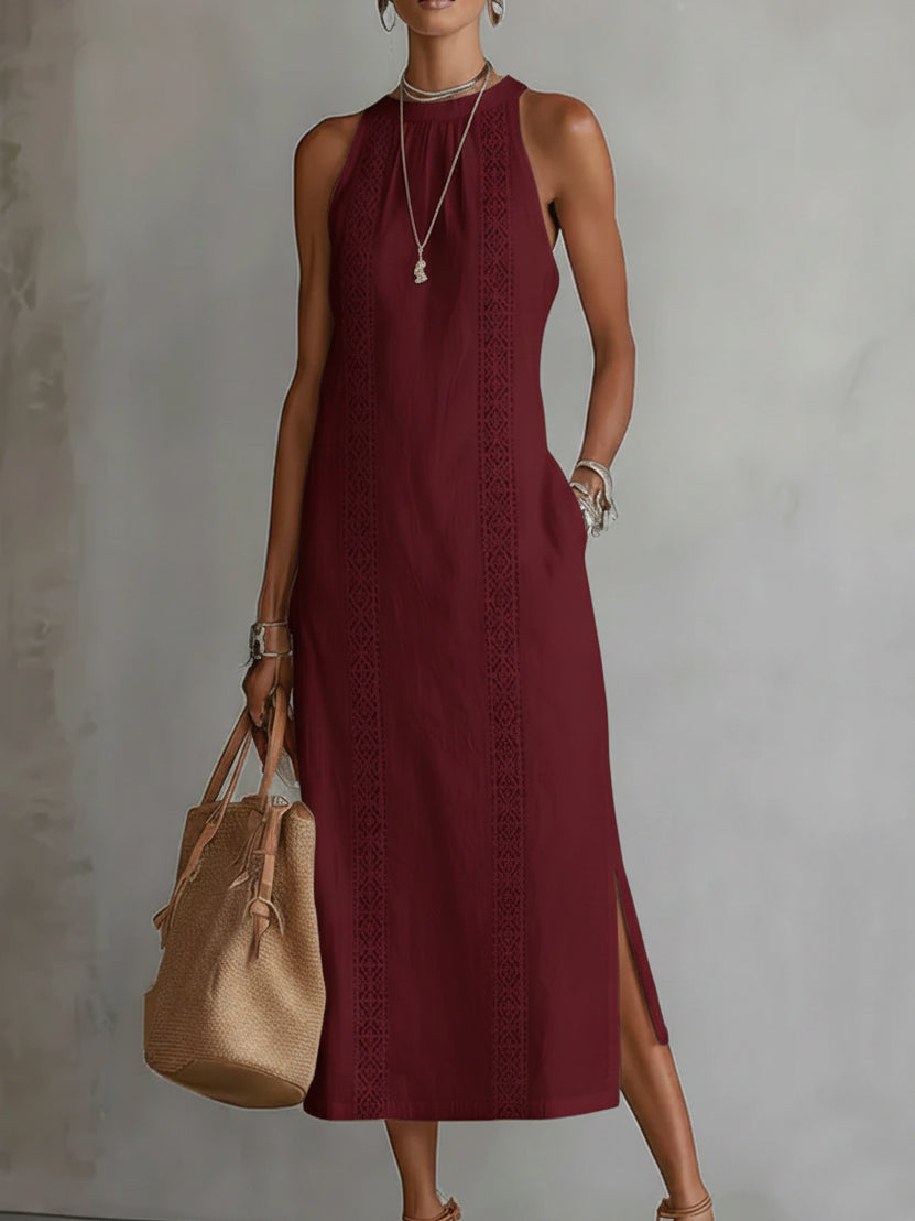 Jimena™ | Robe midi col mandarin brodé