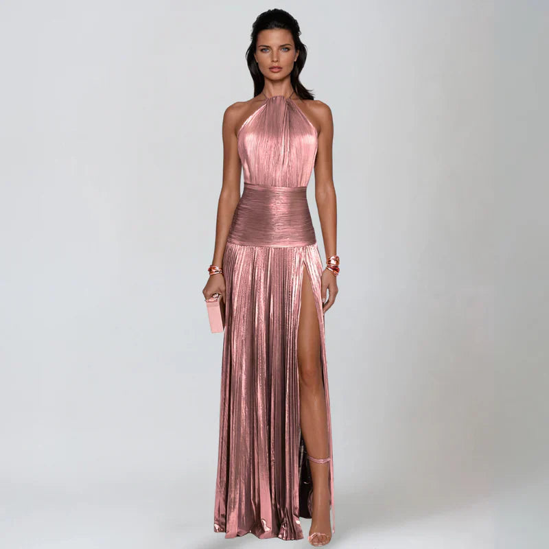 FATI™ | ROBE HALTER DOS NU MÉTALLISÉE