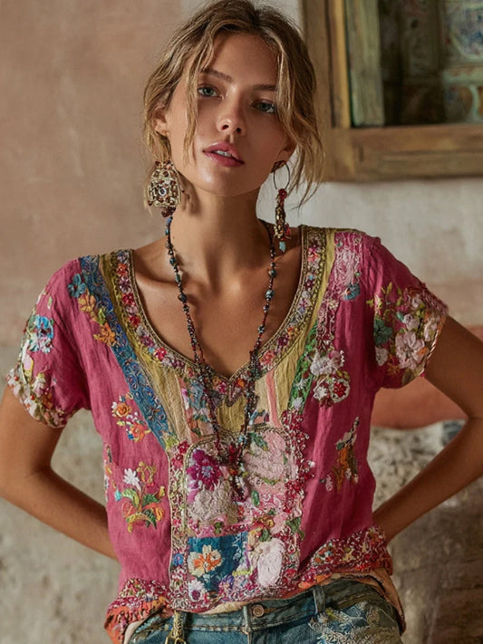 Bohème™ | Chemise brodée florale col V