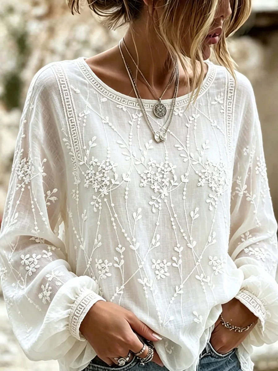 Broderie™ | Top vintage coton-lin col V