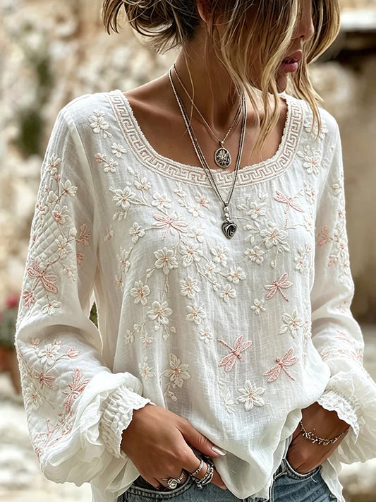 Libellule™ | Haut vintage brodé en coton-lin