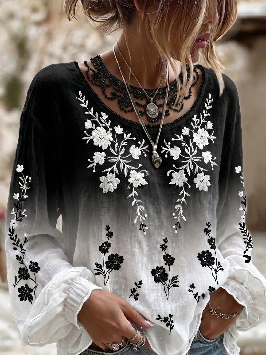 Noir & Blanc™ | Top vintage fleuri en coton-lin