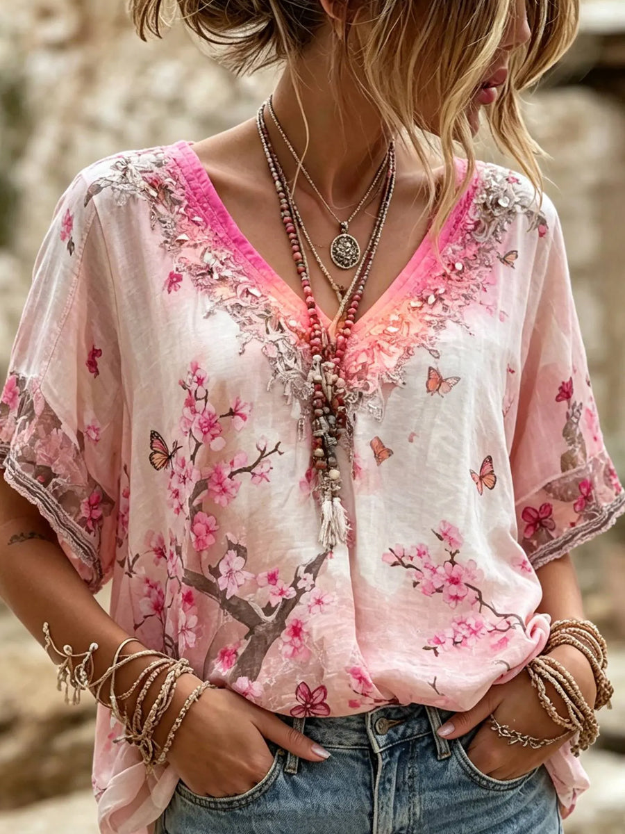 Aquarelle™ | Top vintage fleuri en coton-lin