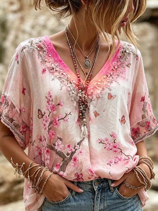 Aquarelle™ | Top vintage fleuri en coton-lin